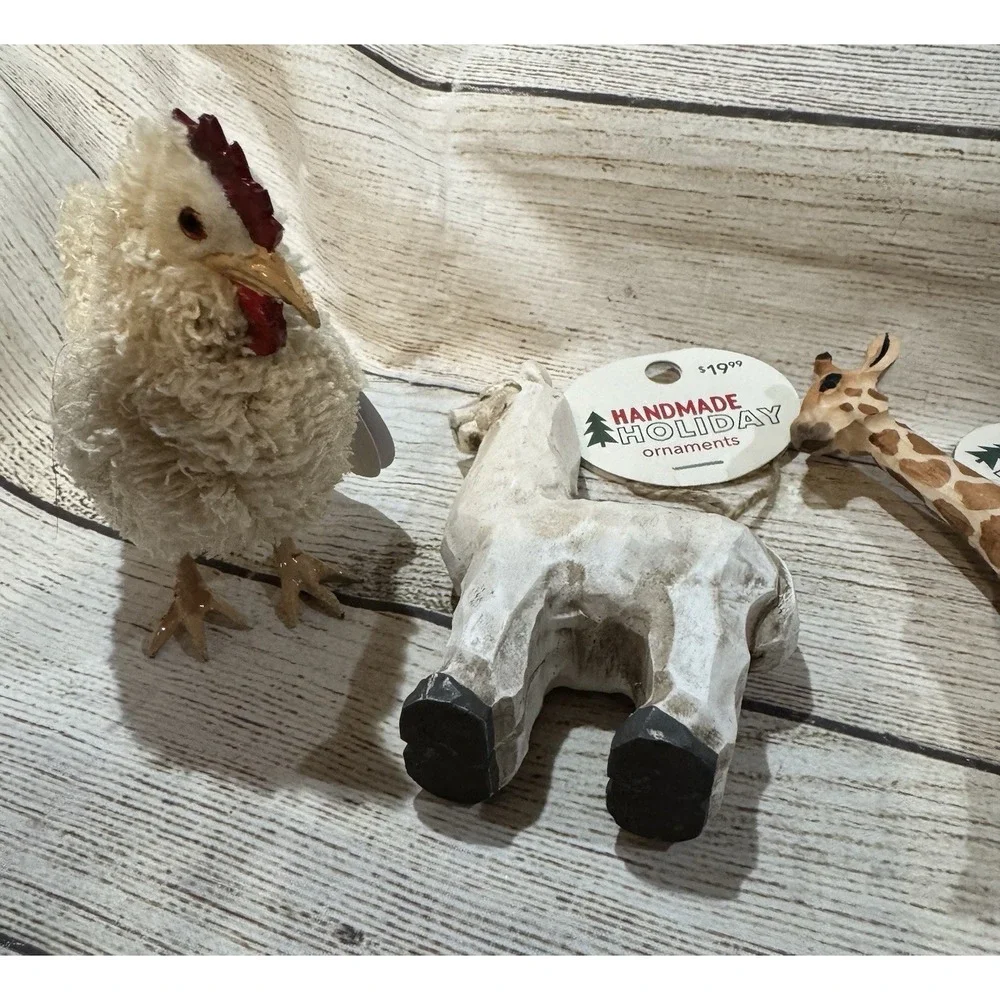 Lot of Handmade Holiday Wood Carved Animal Ornaments Moose Fox Zebra Giraffe T18